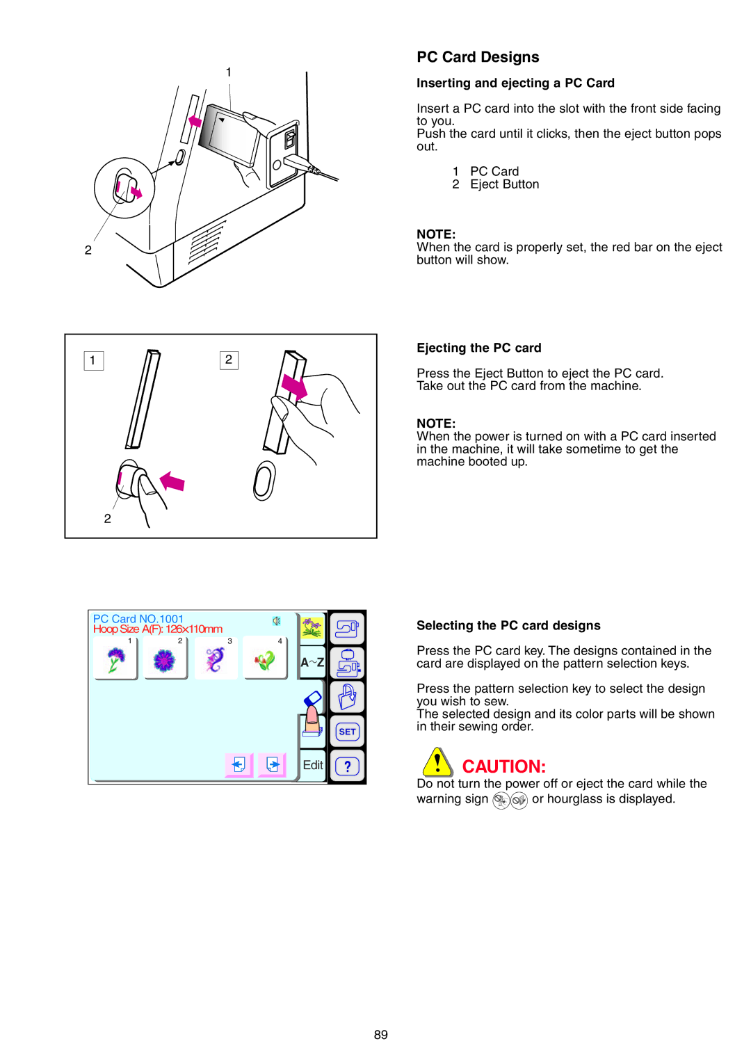 Janome 9700 manual PC Card Designs, Inserting and ejecting a PC Card, Ejecting the PC card, Selecting the PC card designs 