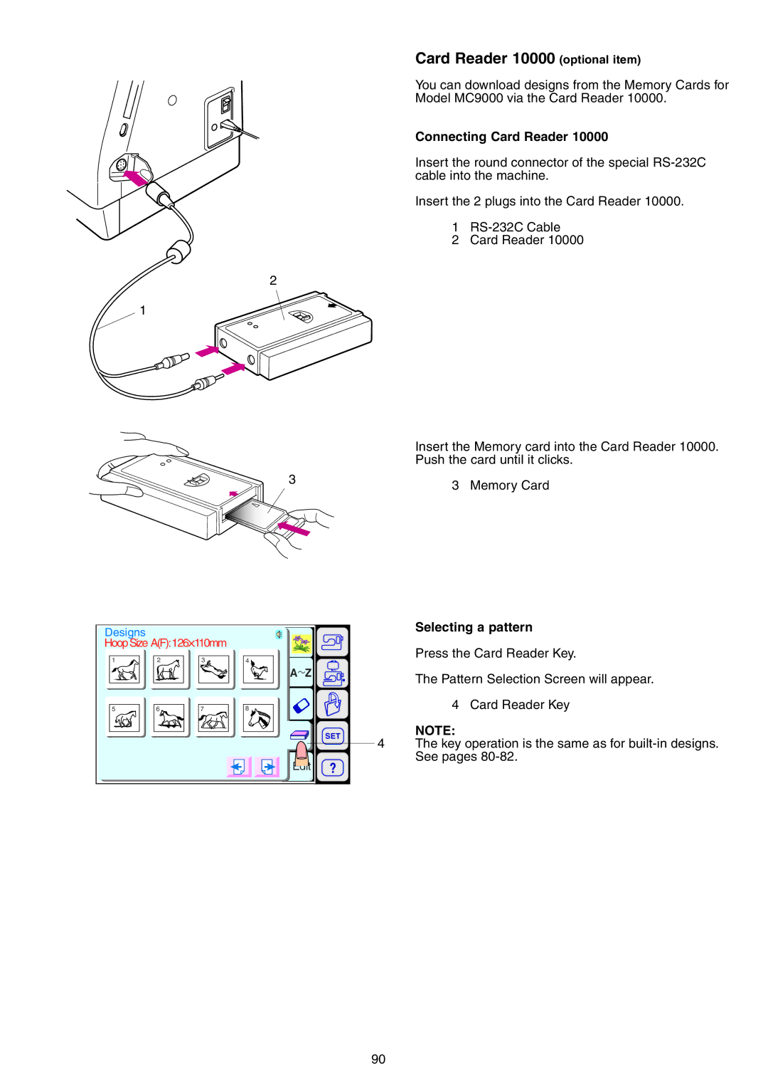 Janome 9700 manual Card Reader 10000 optional item, Connecting Card Reader, Selecting a pattern 