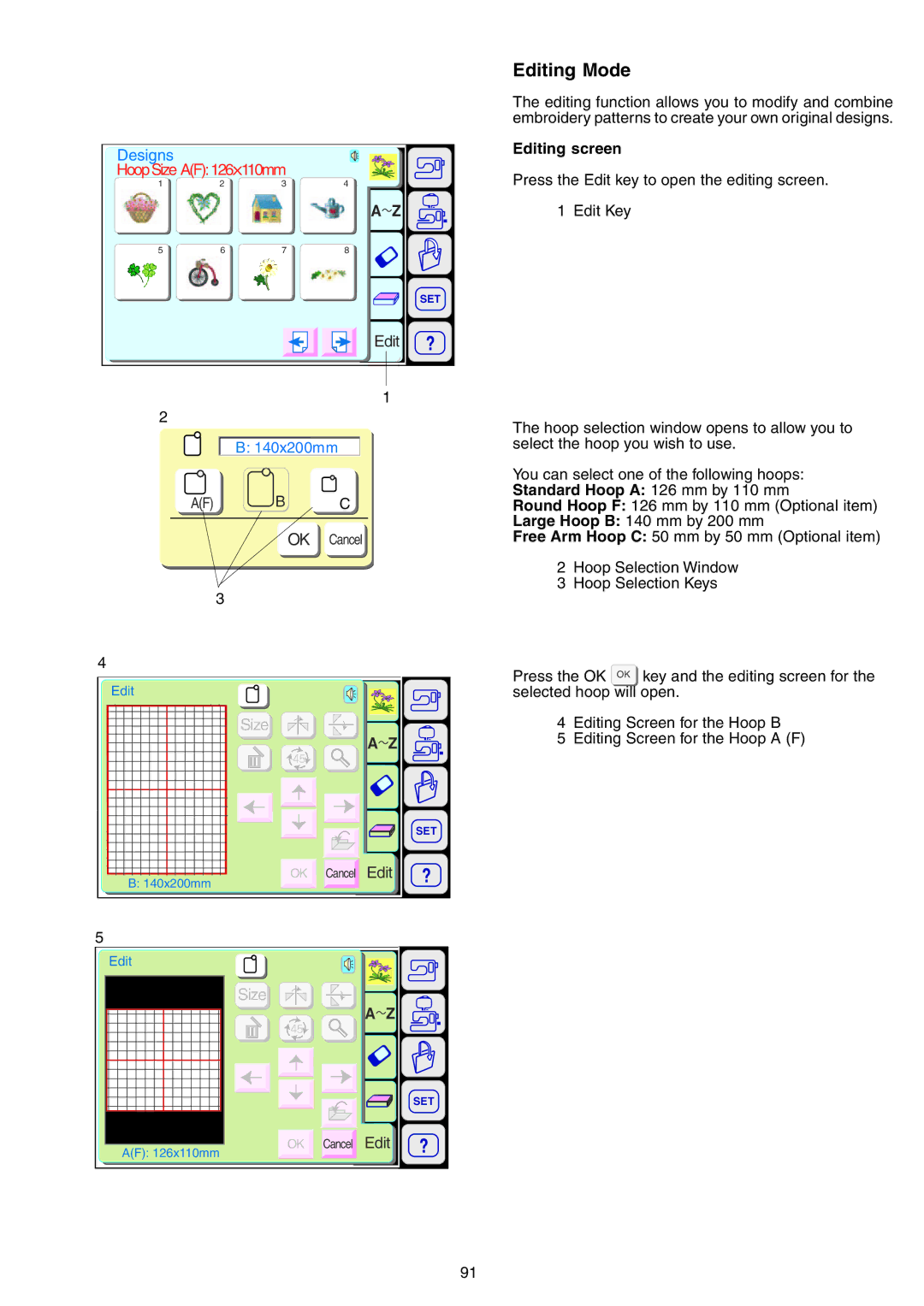 Janome 9700 manual Editing Mode, Editing screen 