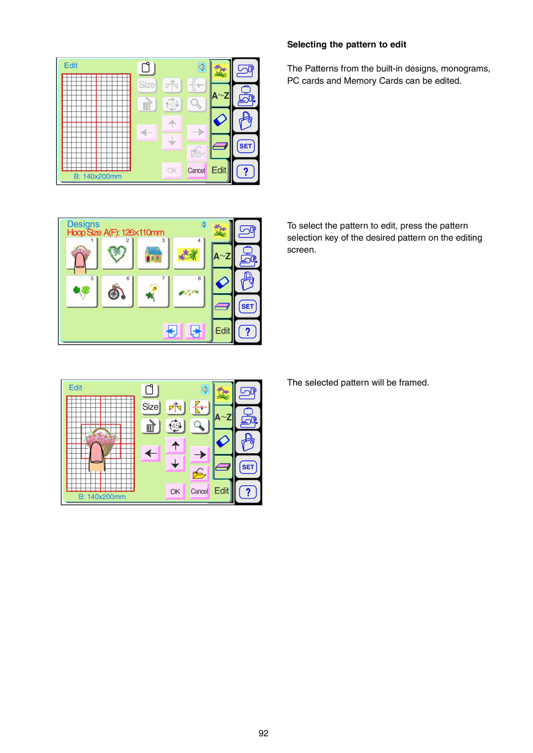 Janome 9700 manual Size, Selecting the pattern to edit 