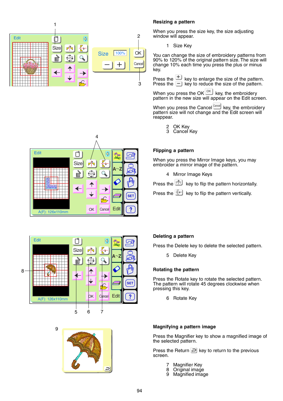 Janome 9700 Resizing a pattern, Flipping a pattern, Deleting a pattern, Rotating the pattern, Magnifying a pattern image 