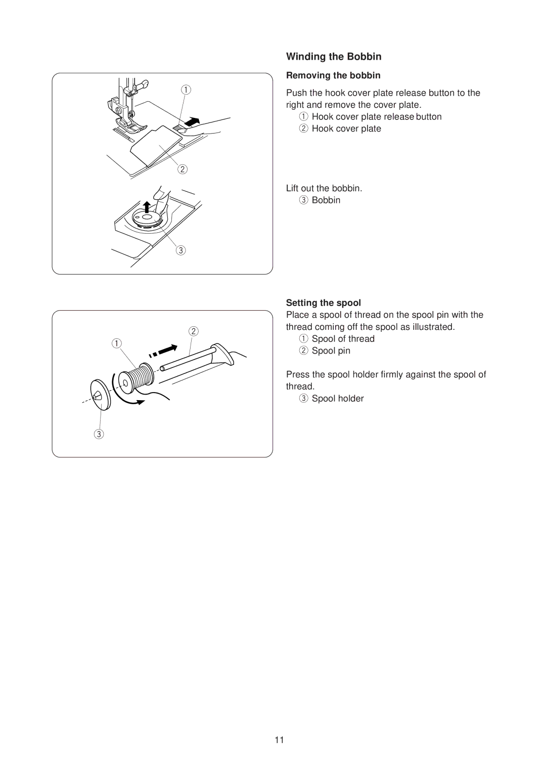 Janome JP760 manual Winding the Bobbin, Removing the bobbin, Setting the spool 