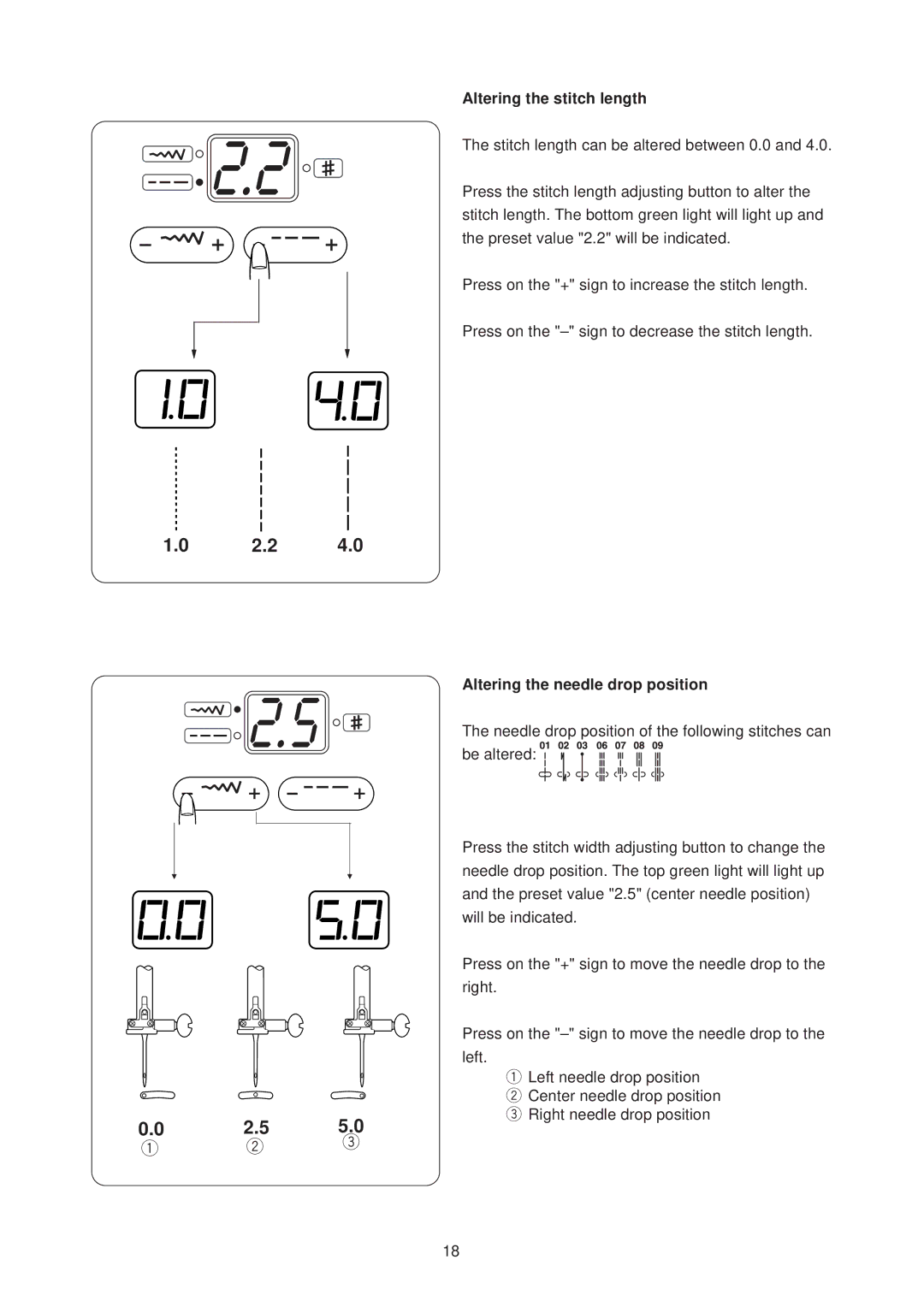 Janome JP760 manual Altering the stitch length, Altering the needle drop position 