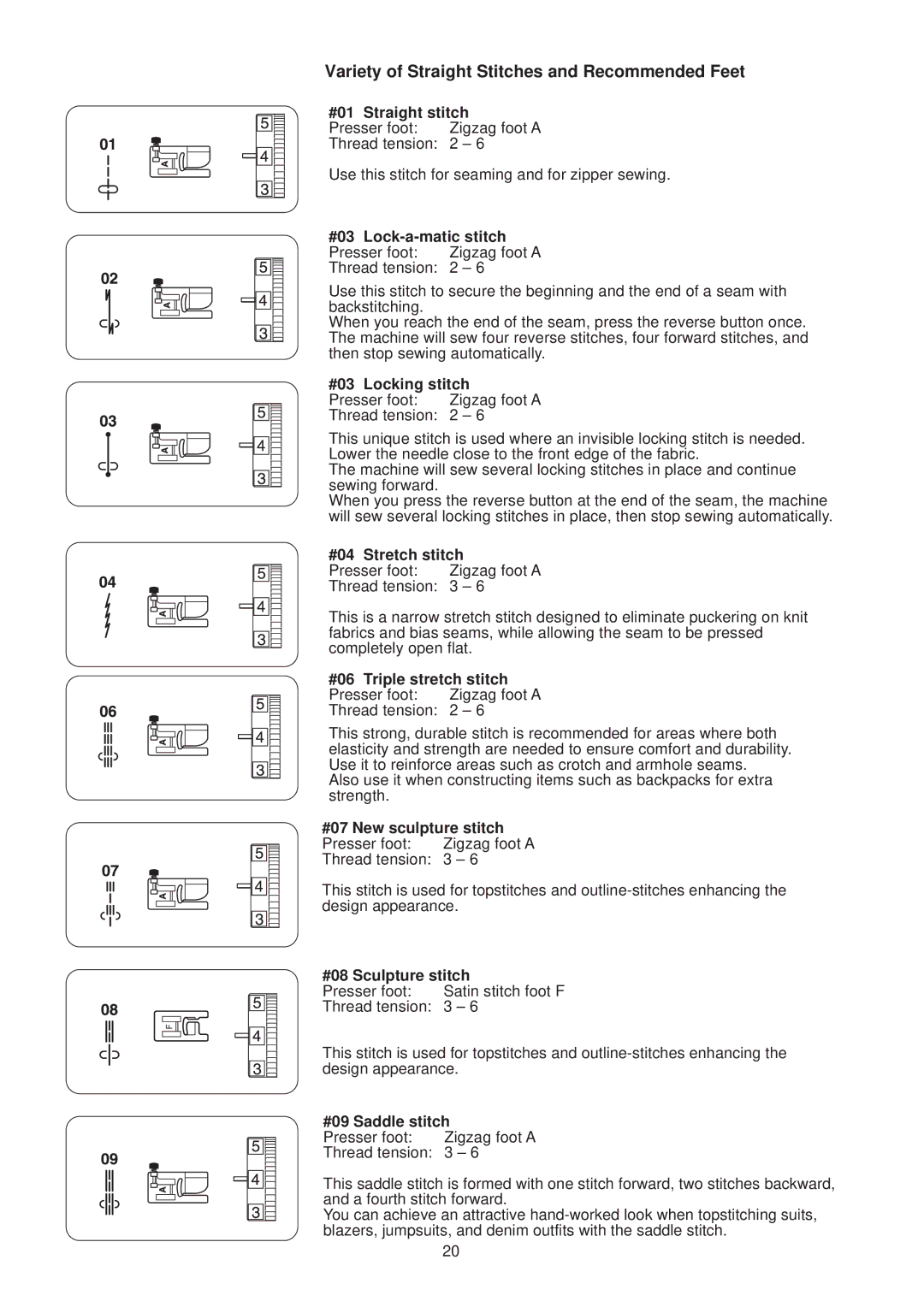 Janome JP760 manual Variety of Straight Stitches and Recommended Feet 