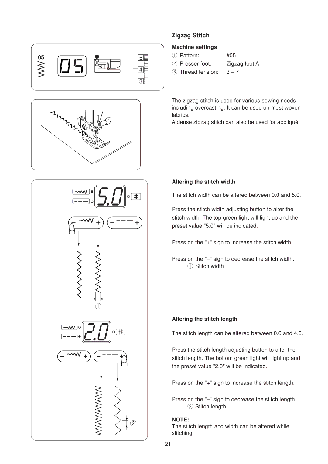 Janome JP760 manual Zigzag Stitch, Altering the stitch width 