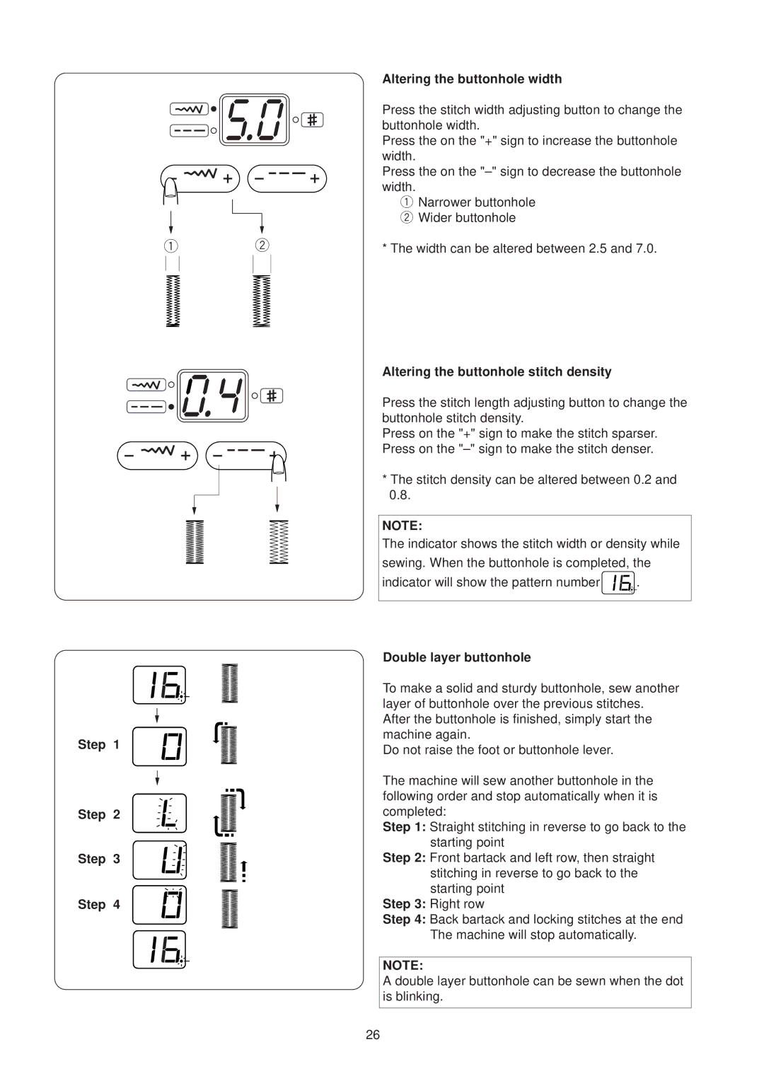 Janome JP760 manual Altering the buttonhole width, Step Altering the buttonhole stitch density, Double layer buttonhole 