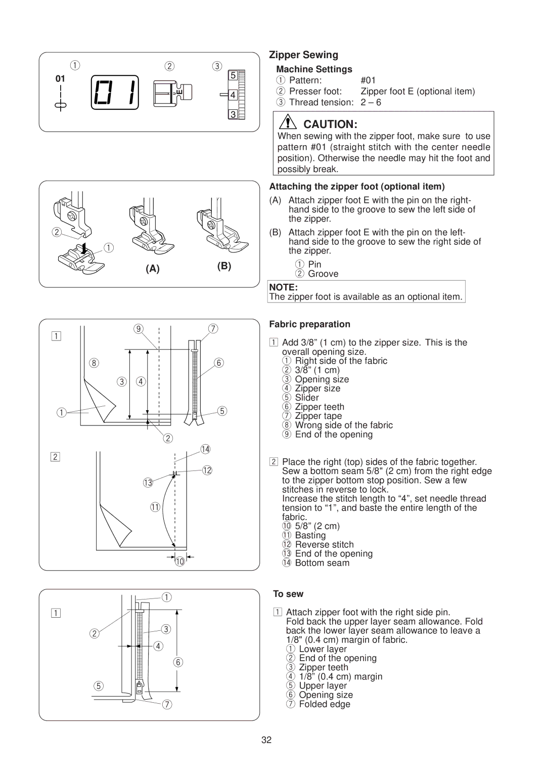 Janome JP760 manual Zipper Sewing, Attaching the zipper foot optional item, Fabric preparation 