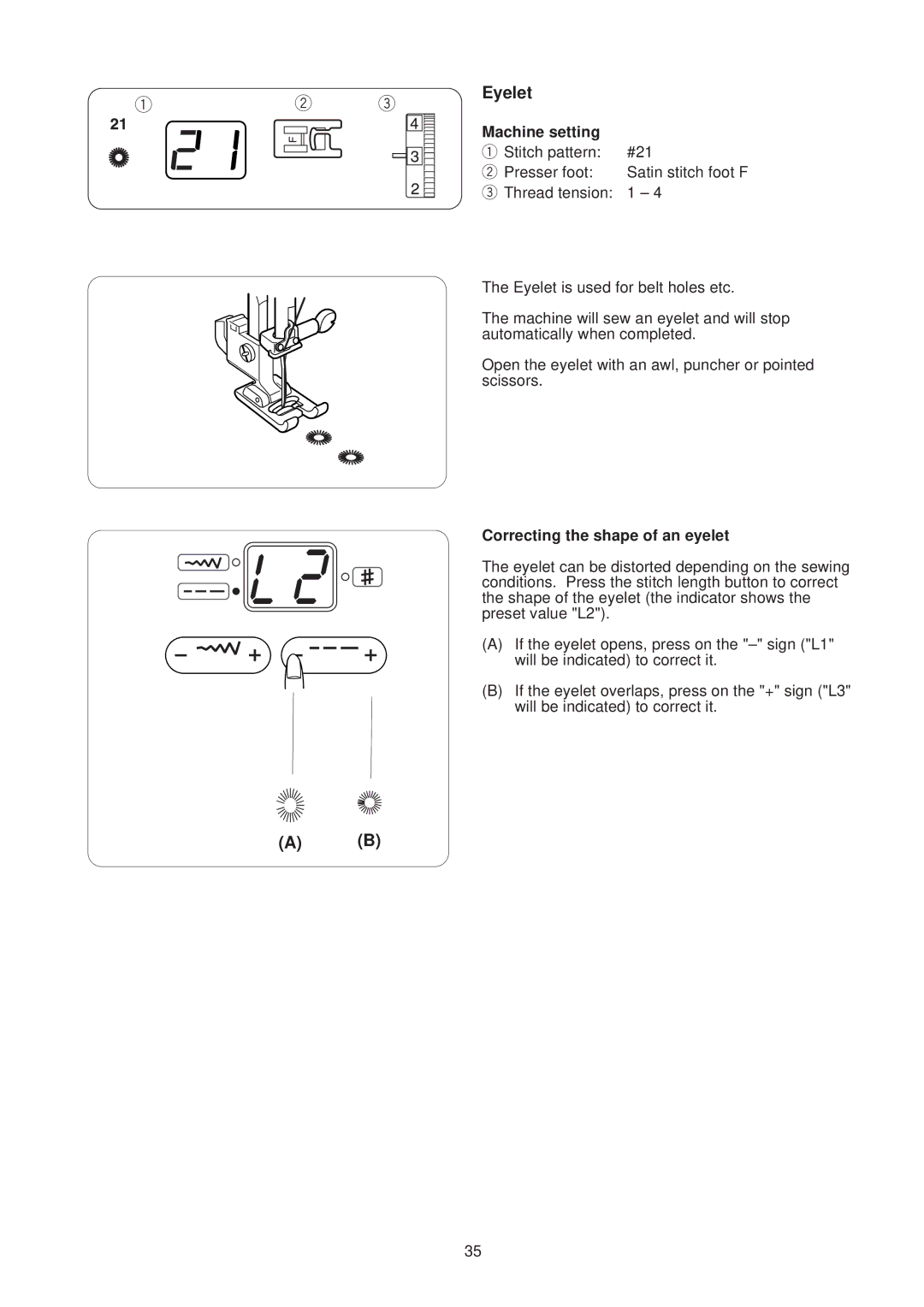 Janome JP760 manual Eyelet, Correcting the shape of an eyelet 