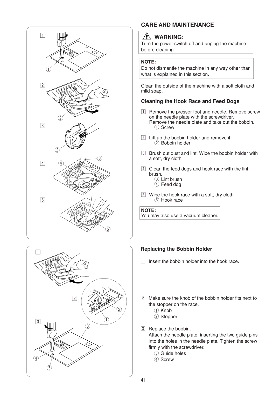 Janome JP760 manual Care and Maintenance, Cleaning the Hook Race and Feed Dogs, Replacing the Bobbin Holder 