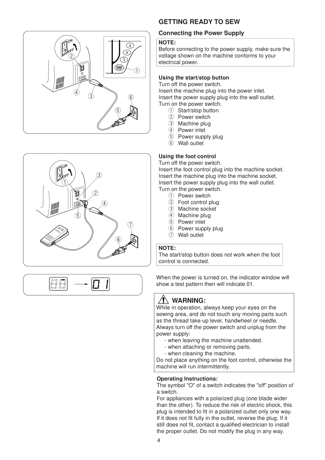 Janome JP760 manual Getting Ready to SEW, Connecting the Power Supply, Using the start/stop button, Operating Instructions 