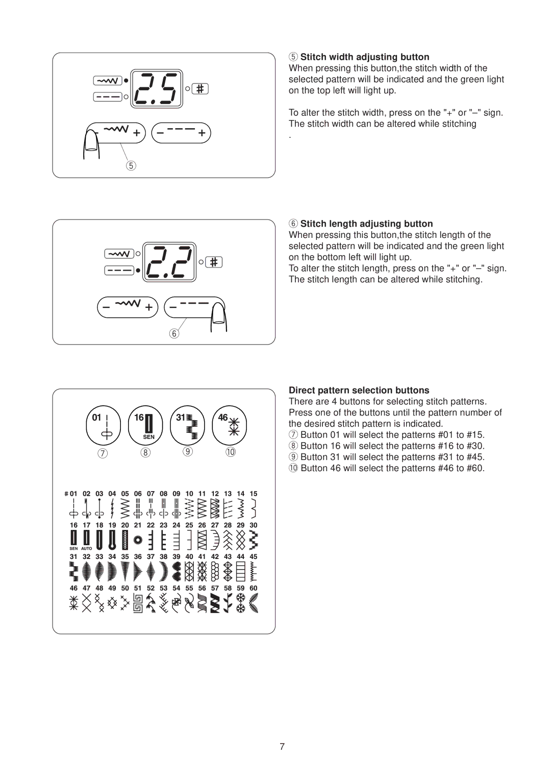 Janome JP760 manual Stitch width adjusting button, Stitch length adjusting button, Direct pattern selection buttons 