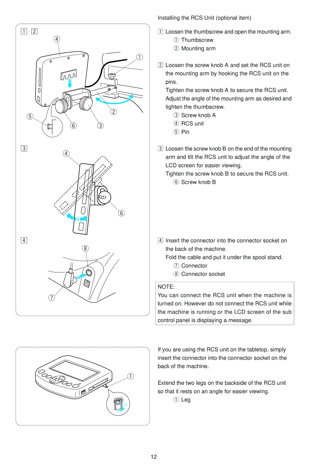 Janome MB-4 manual Installing the RCS Unit optional item 