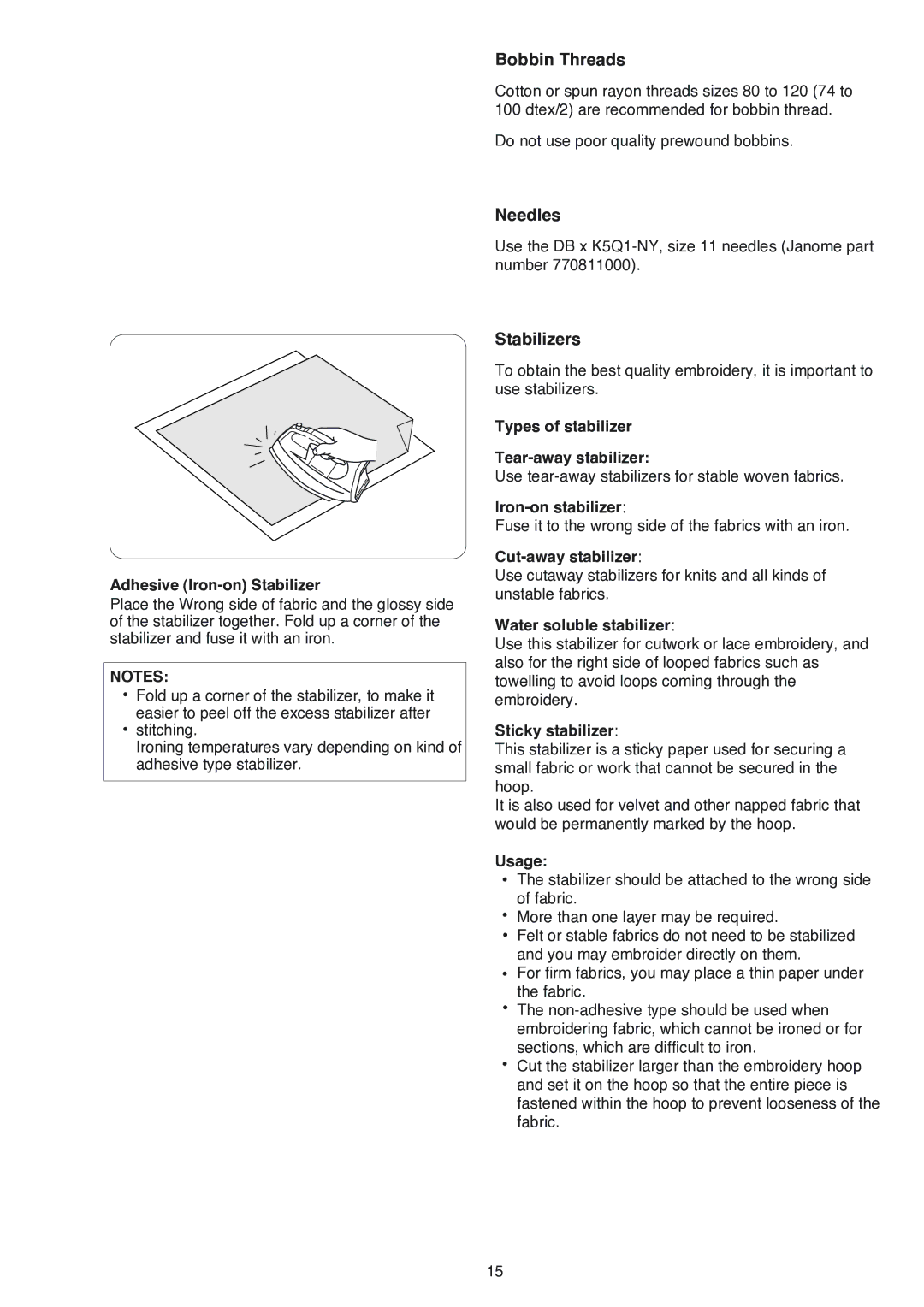 Janome MB-4 manual Bobbin Threads, Needles, Stabilizers 