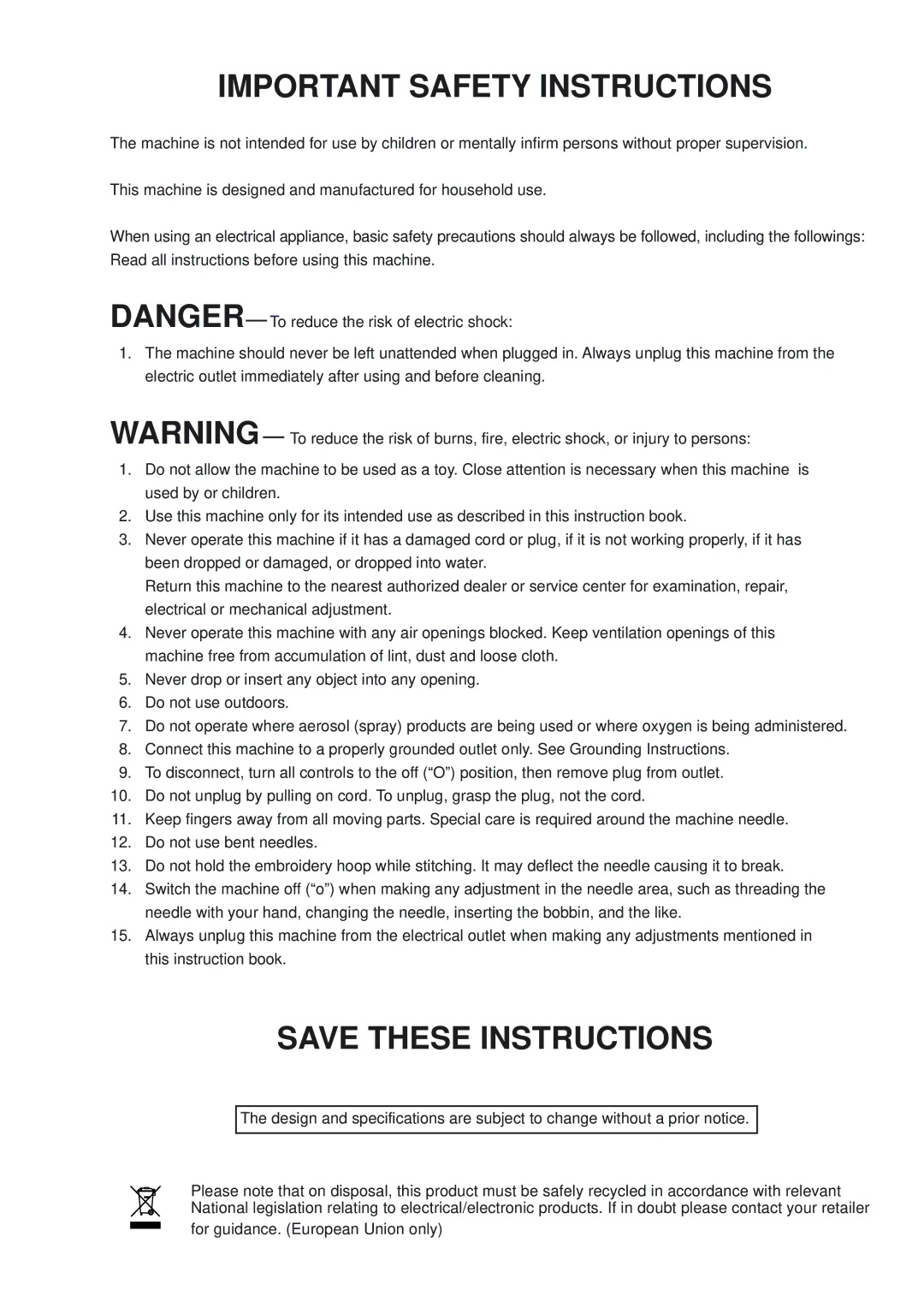 Janome MB-4 manual Important Safety Instructions 