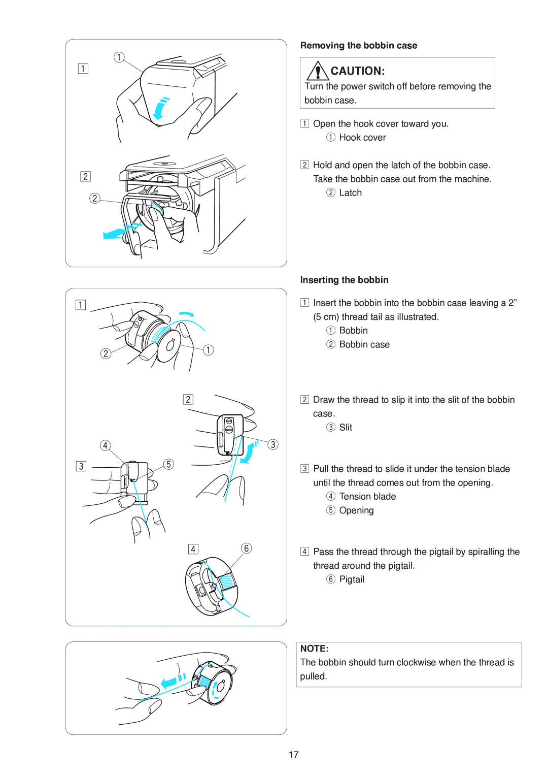 Janome MB-4 manual Removing the bobbin case, Inserting the bobbin 