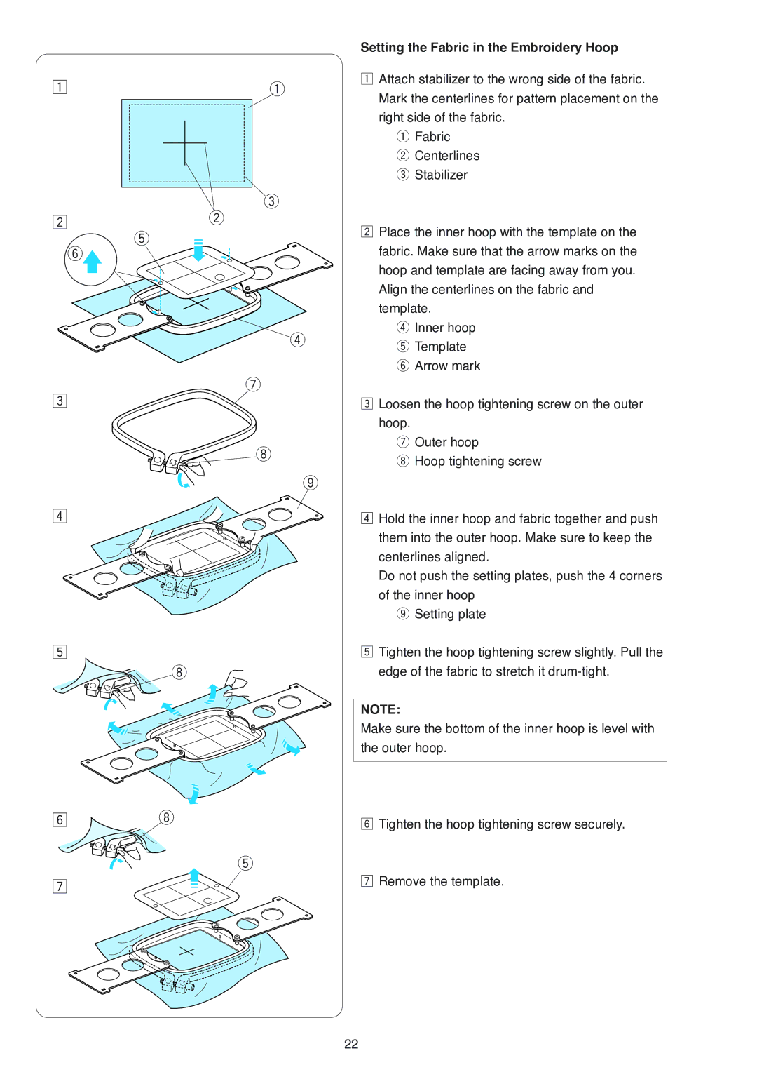 Janome MB-4 manual Setting the Fabric in the Embroidery Hoop 