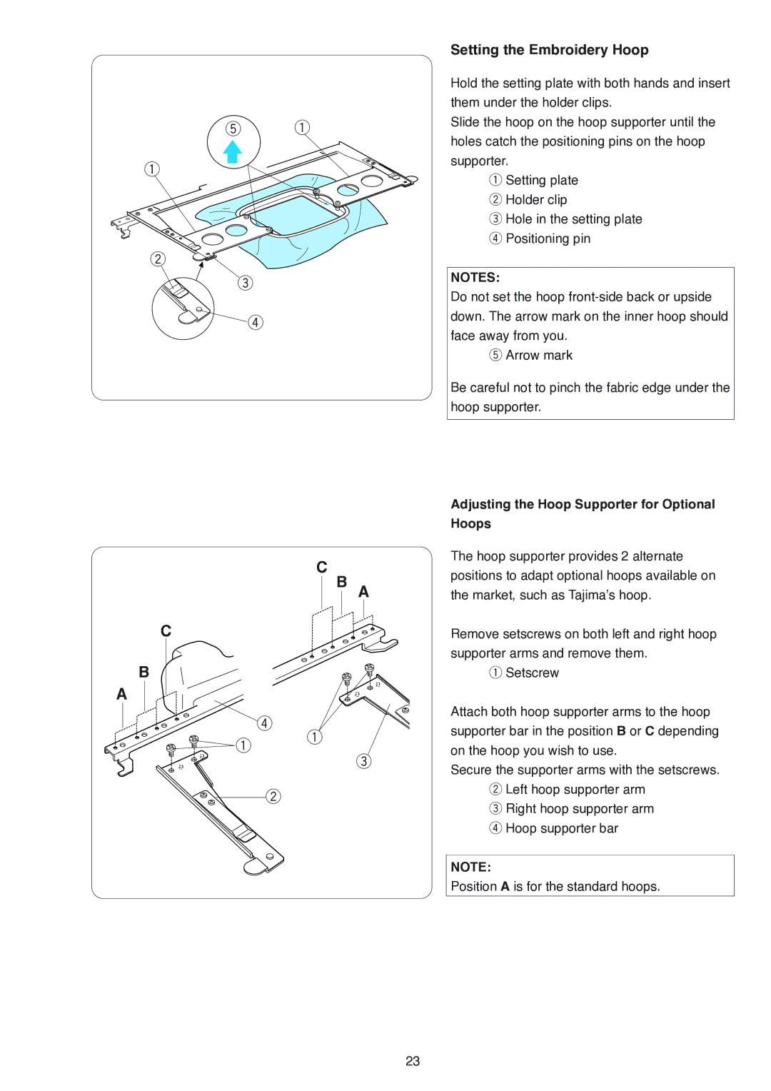 Janome MB-4 manual Setting the Embroidery Hoop, Adjusting the Hoop Supporter for Optional Hoops 