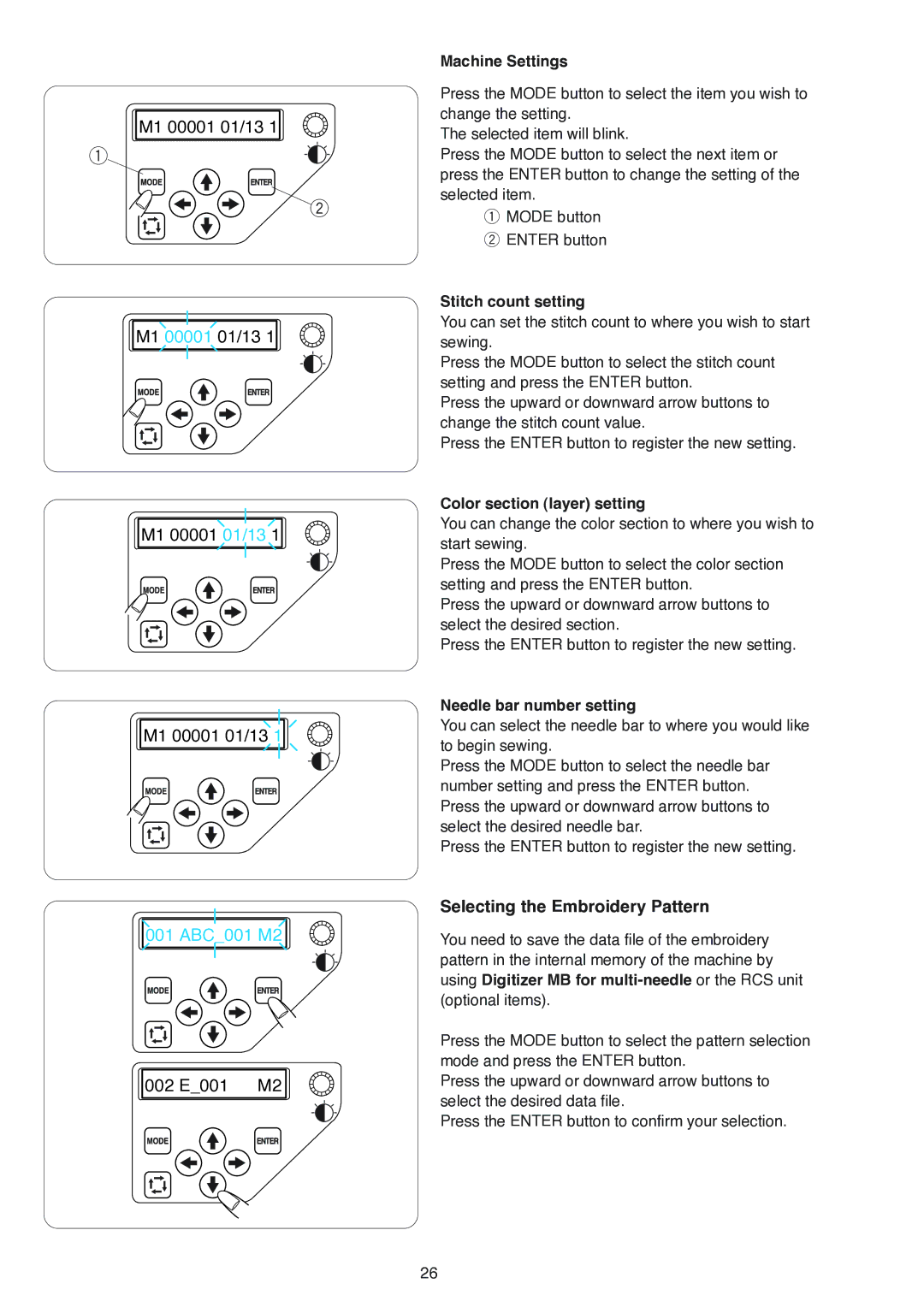 Janome MB-4 manual Selecting the Embroidery Pattern, Machine Settings, Stitch count setting, Color section layer setting 