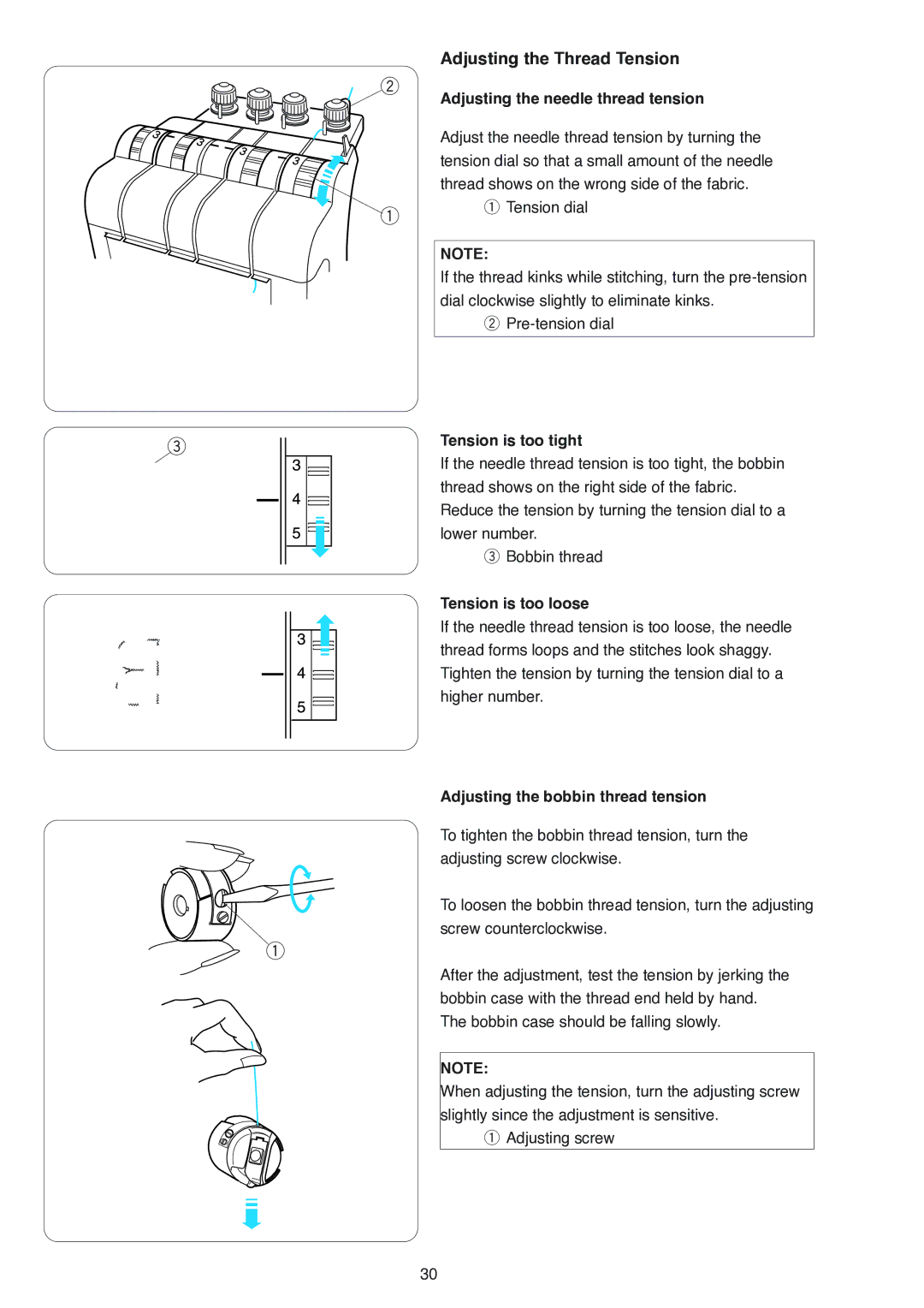 Janome MB-4 Adjusting the Thread Tension, Adjusting the needle thread tension, Tension is too tight, Tension is too loose 