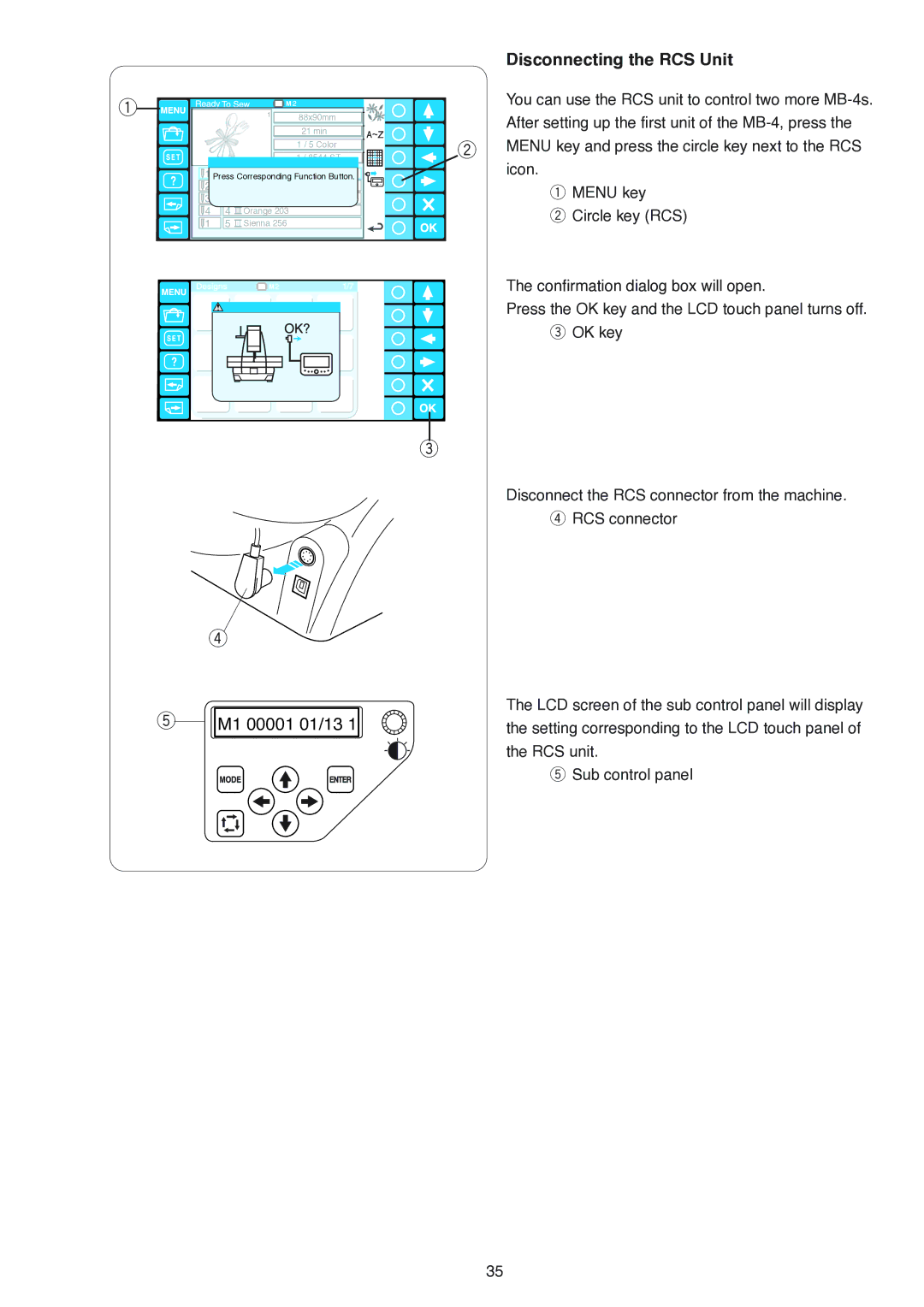 Janome MB-4 manual Disconnecting the RCS Unit 