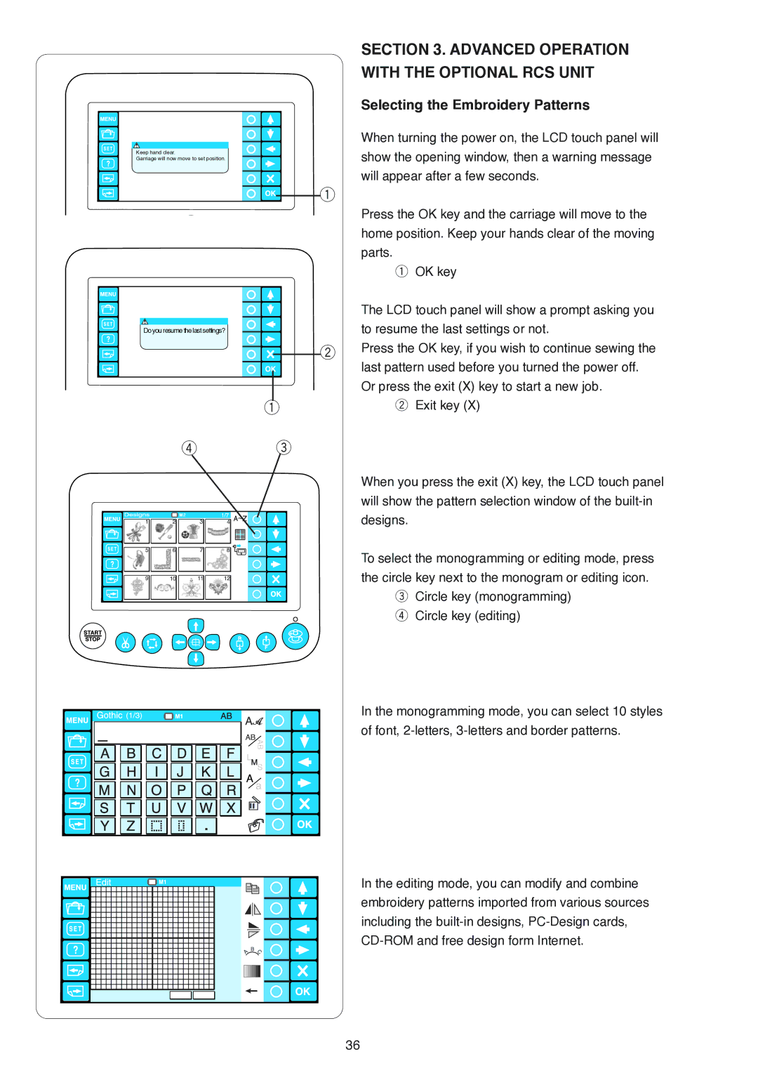 Janome MB-4 manual Advanced Operation with the Optional RCS Unit, Selecting the Embroidery Patterns 