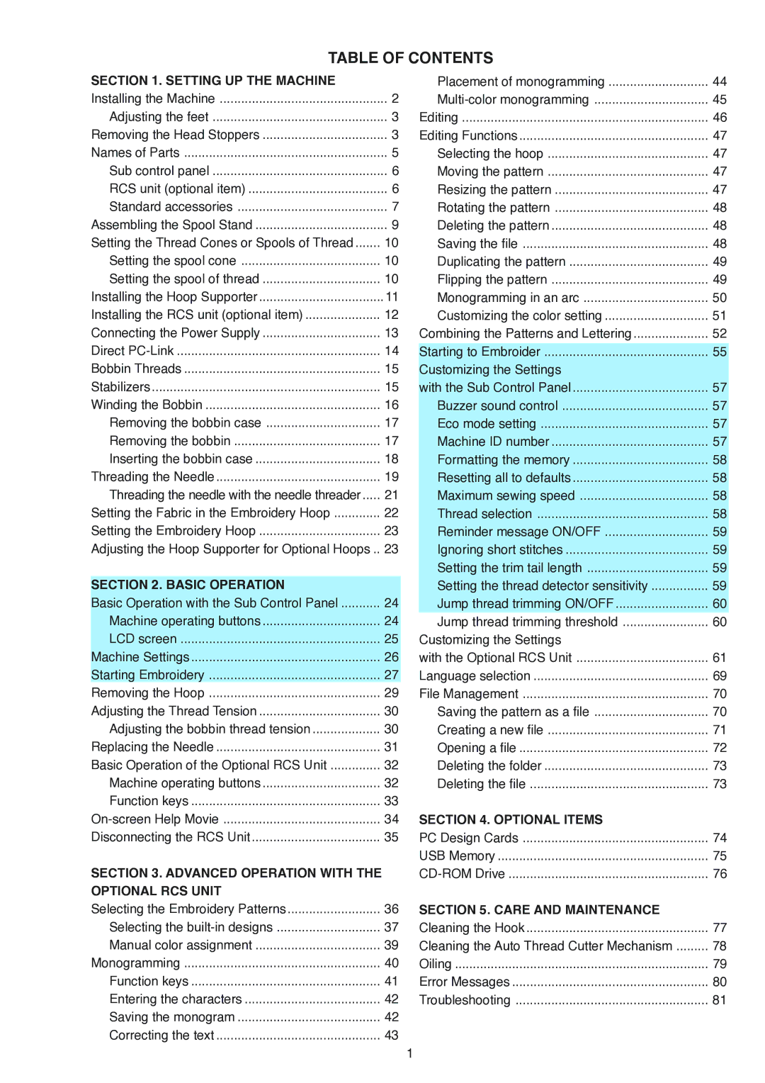 Janome MB-4 manual Table of Contents 