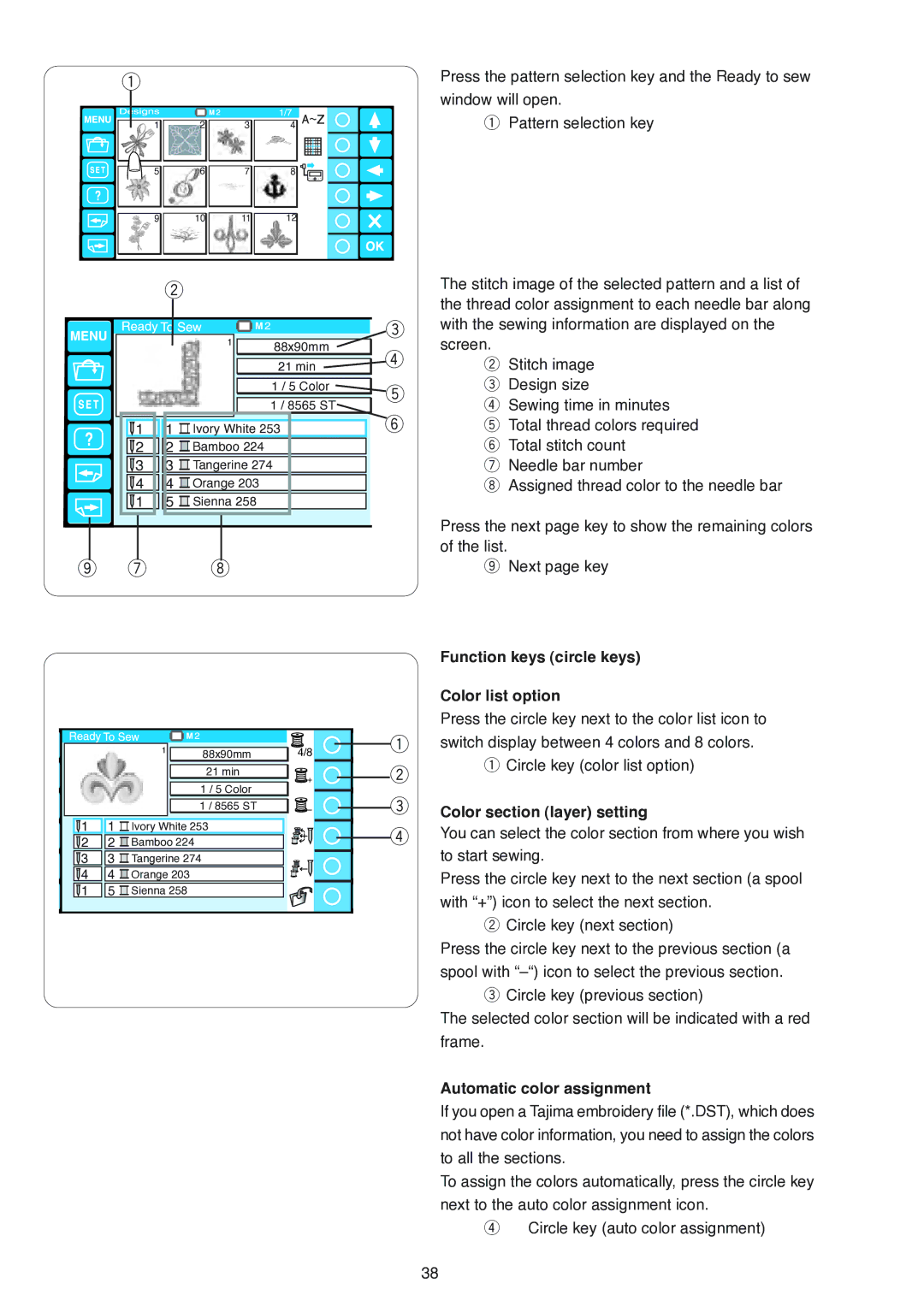 Janome MB-4 manual Function keys circle keys, Color list option, Automatic color assignment 