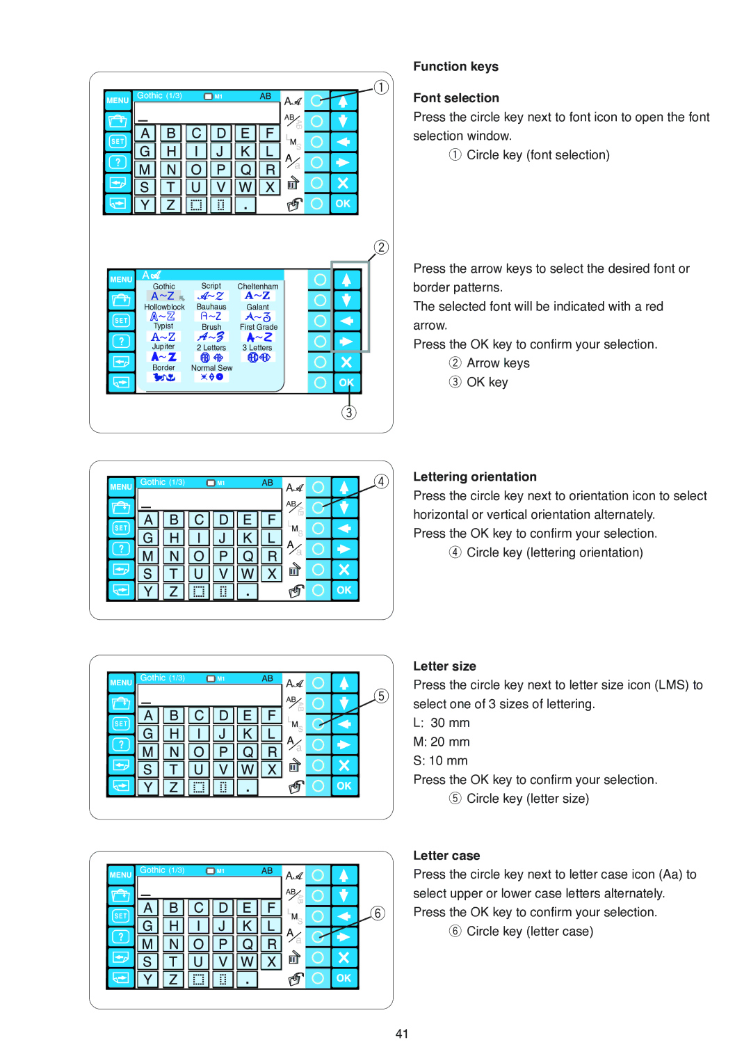 Janome MB-4 manual Function keys Font selection, Lettering orientation, Letter size, Letter case 