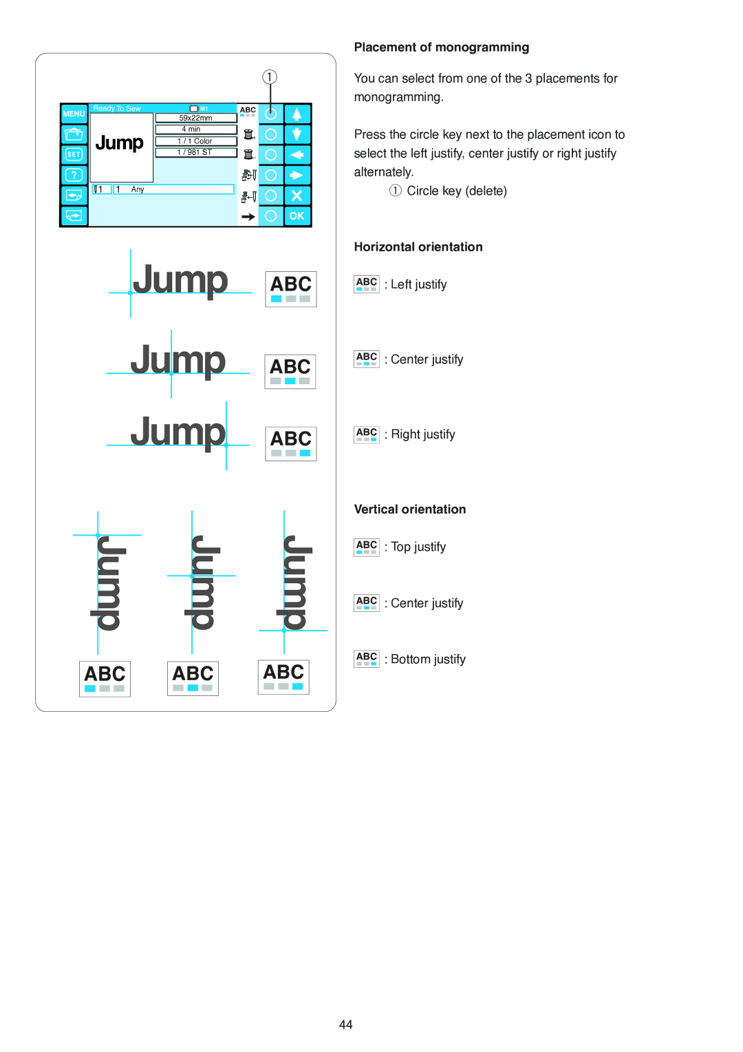 Janome MB-4 manual Placement of monogramming, Horizontal orientation, Vertical orientation 