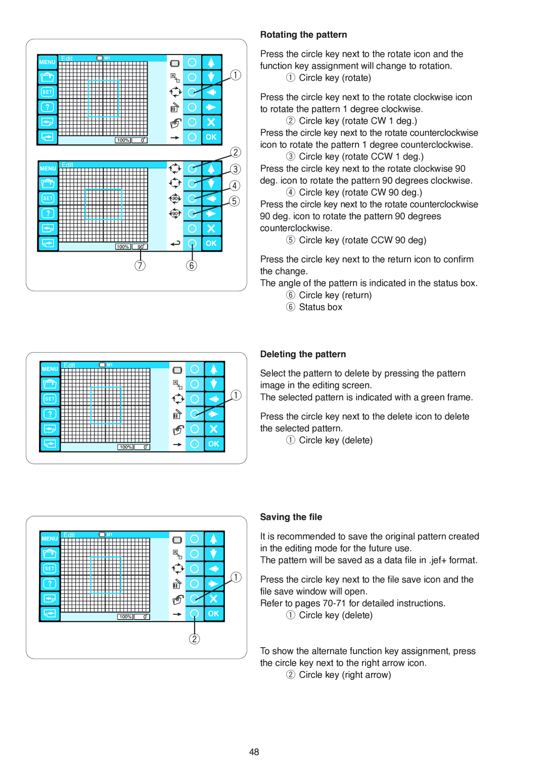 Janome MB-4 manual Rotating the pattern, Deleting the pattern, Saving the file 