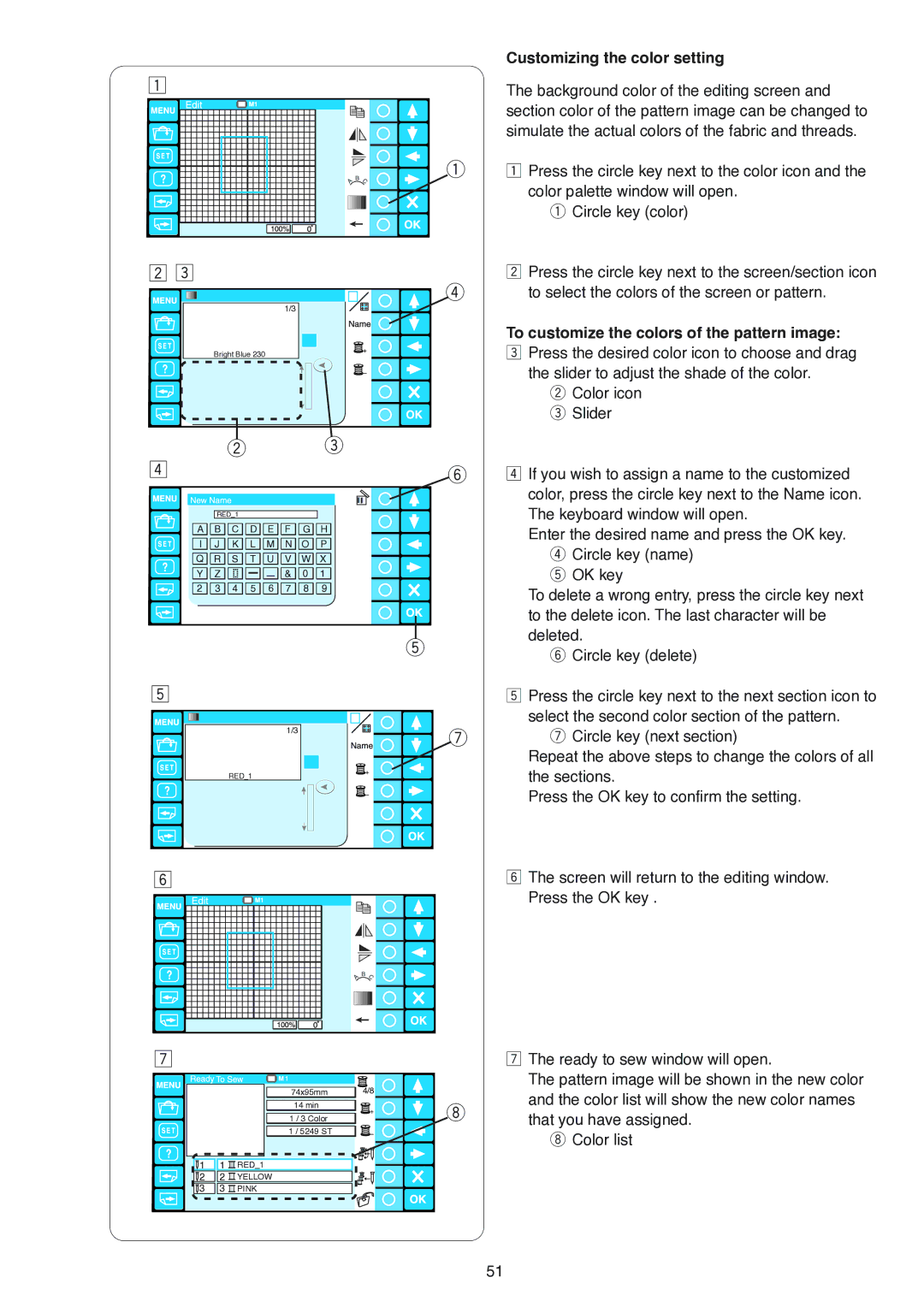 Janome MB-4 manual Customizing the color setting, To customize the colors of the pattern image 