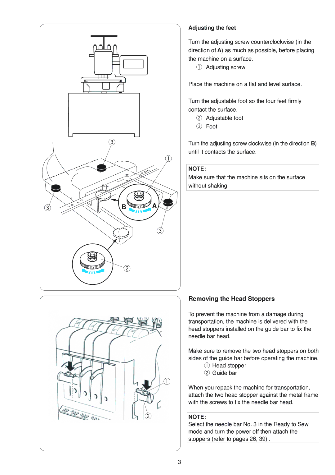 Janome MB-4 manual Removing the Head Stoppers, Adjusting the feet 