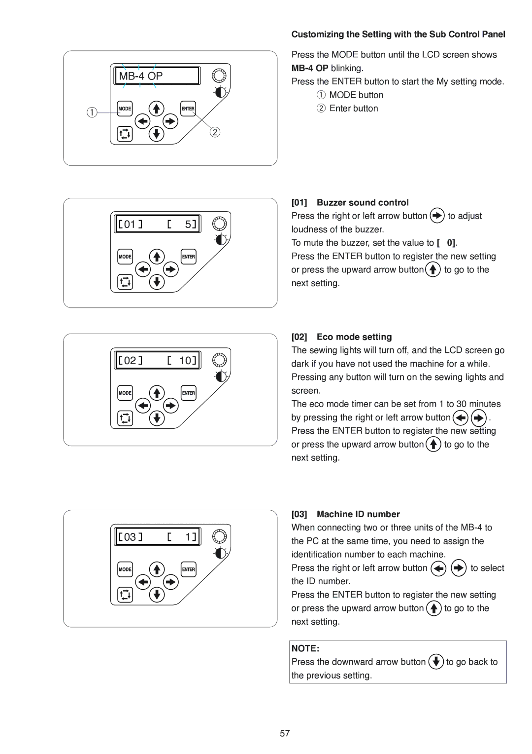 Janome MB-4 Customizing the Setting with the Sub Control Panel, Buzzer sound control, Eco mode setting, Machine ID number 