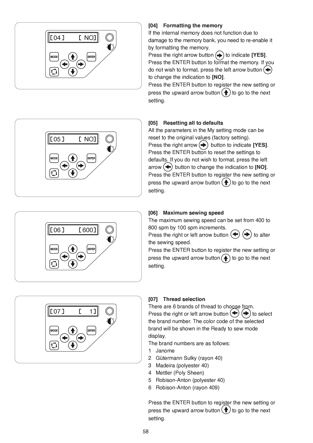 Janome MB-4 manual Formatting the memory, Resetting all to defaults, Maximum sewing speed, Thread selection 