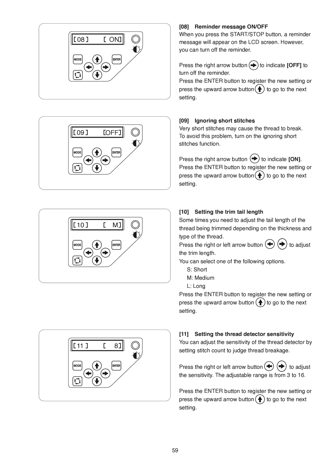 Janome MB-4 manual Reminder message ON/OFF, Ignoring short stitches, Setting the trim tail length 