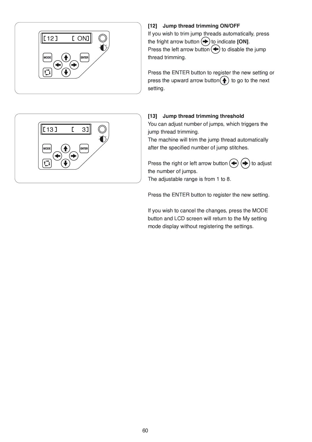 Janome MB-4 manual Jump thread trimming ON/OFF, Jump thread trimming threshold 