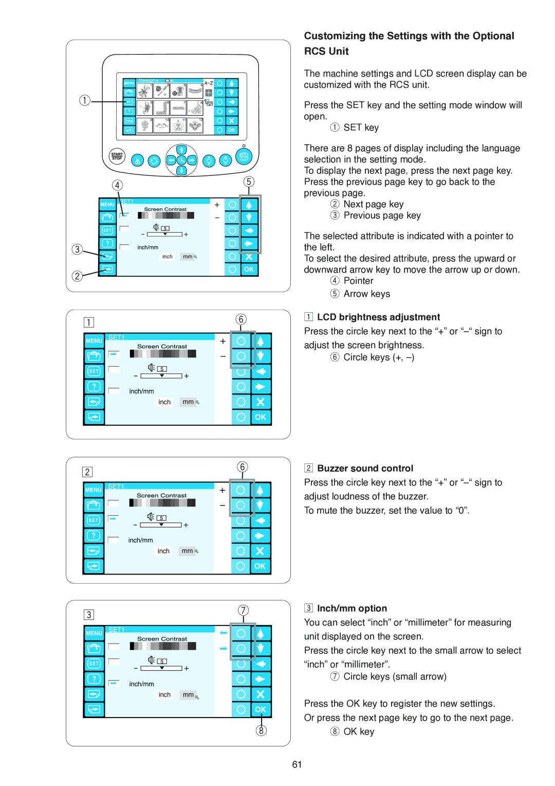 Janome MB-4 manual Customizing the Settings with the Optional RCS Unit, LCD brightness adjustment, Inch/mm option 