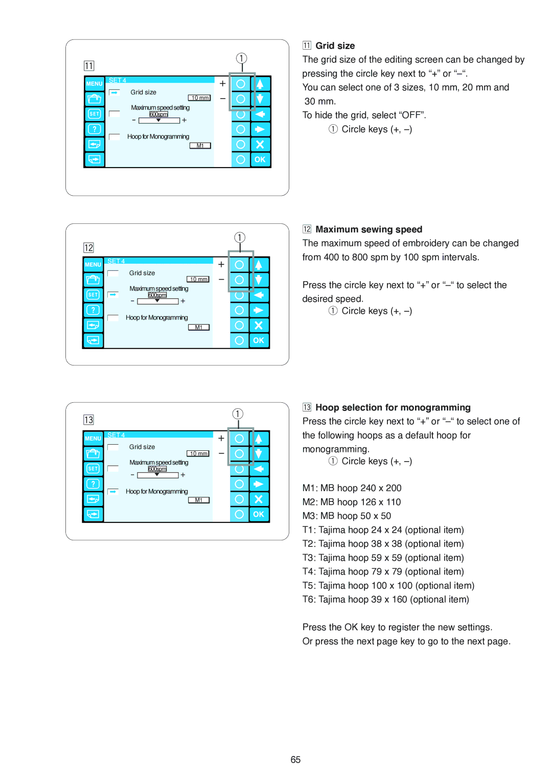 Janome MB-4 manual ⁄1Grid size, ⁄2Maximum sewing speed, ⁄3Hoop selection for monogramming 