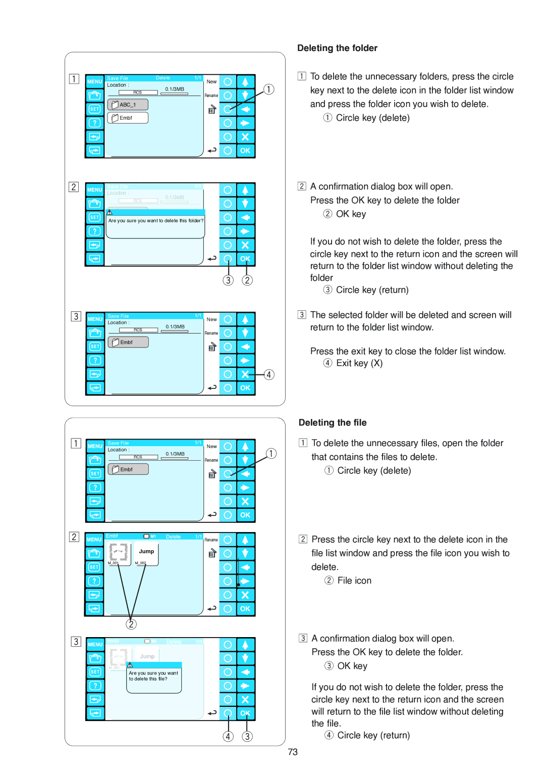 Janome MB-4 manual Deleting the folder, Deleting the file 