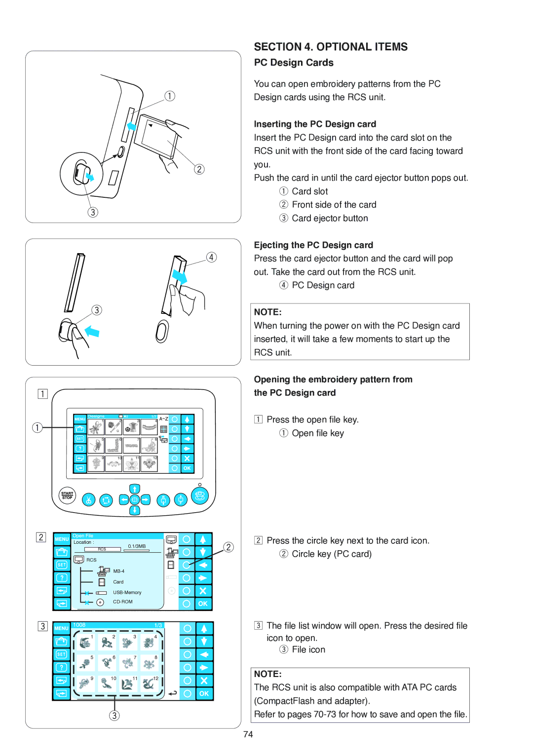 Janome MB-4 manual PC Design Cards, Inserting the PC Design card, Ejecting the PC Design card 