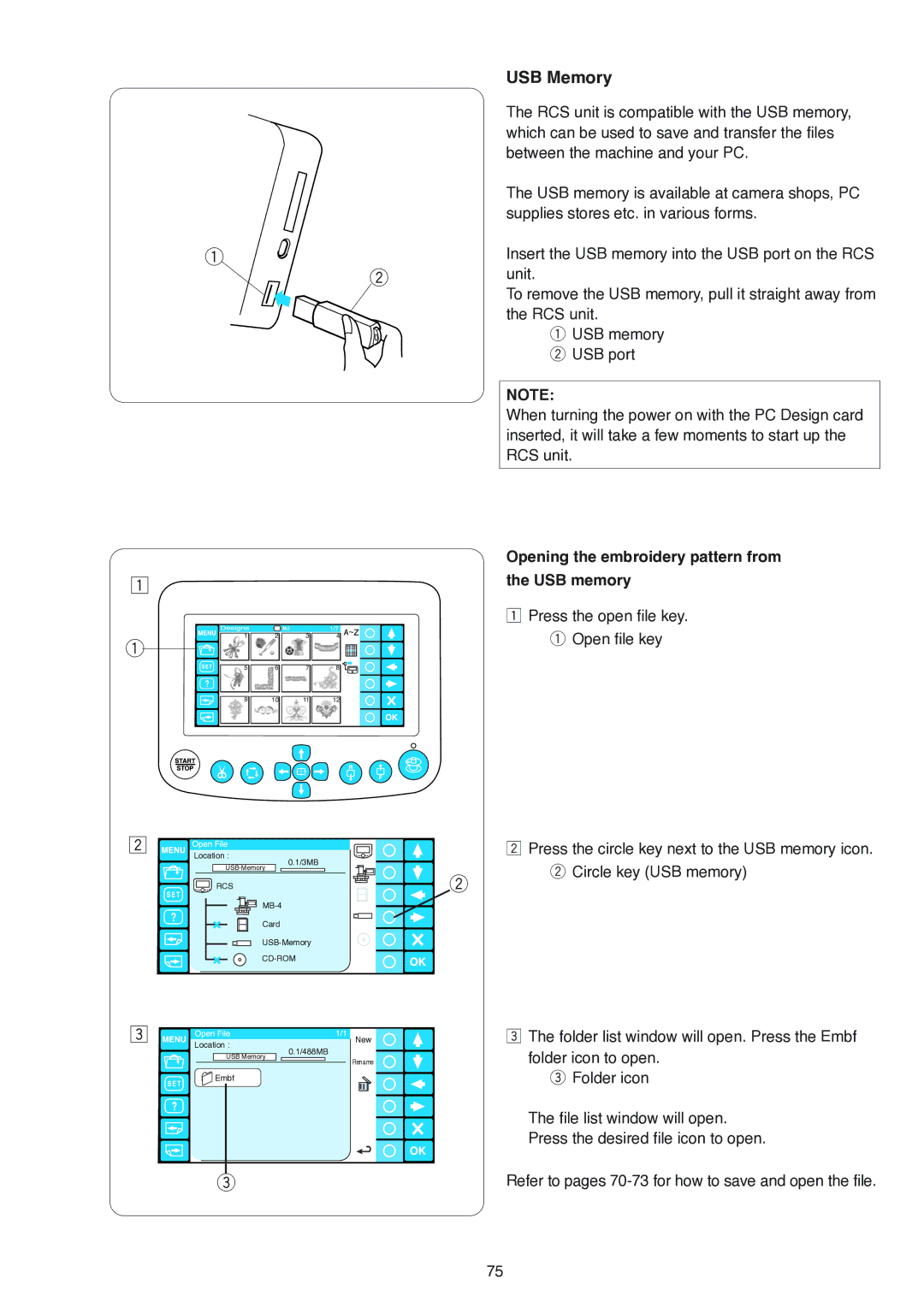 Janome MB-4 manual USB Memory, Opening the embroidery pattern from the USB memory 