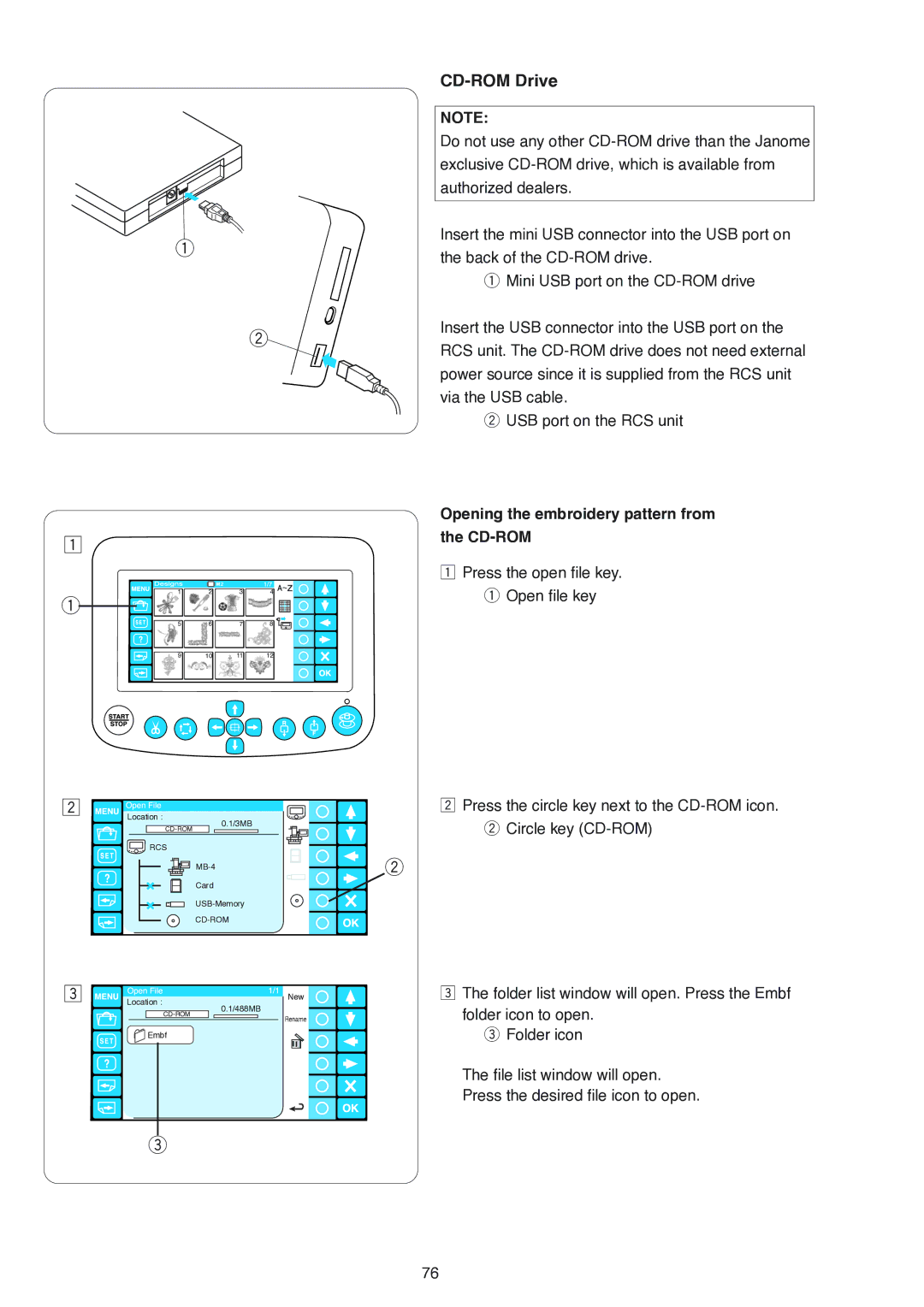 Janome MB-4 manual CD-ROM Drive, Opening the embroidery pattern from the CD-ROM 