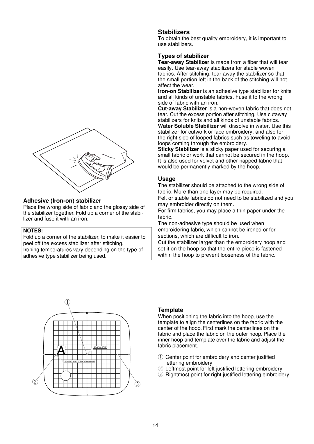 Janome MC 200E manual Stabilizers, Adhesive Iron-on stabilizer, Types of stabilizer, Usage, Template 