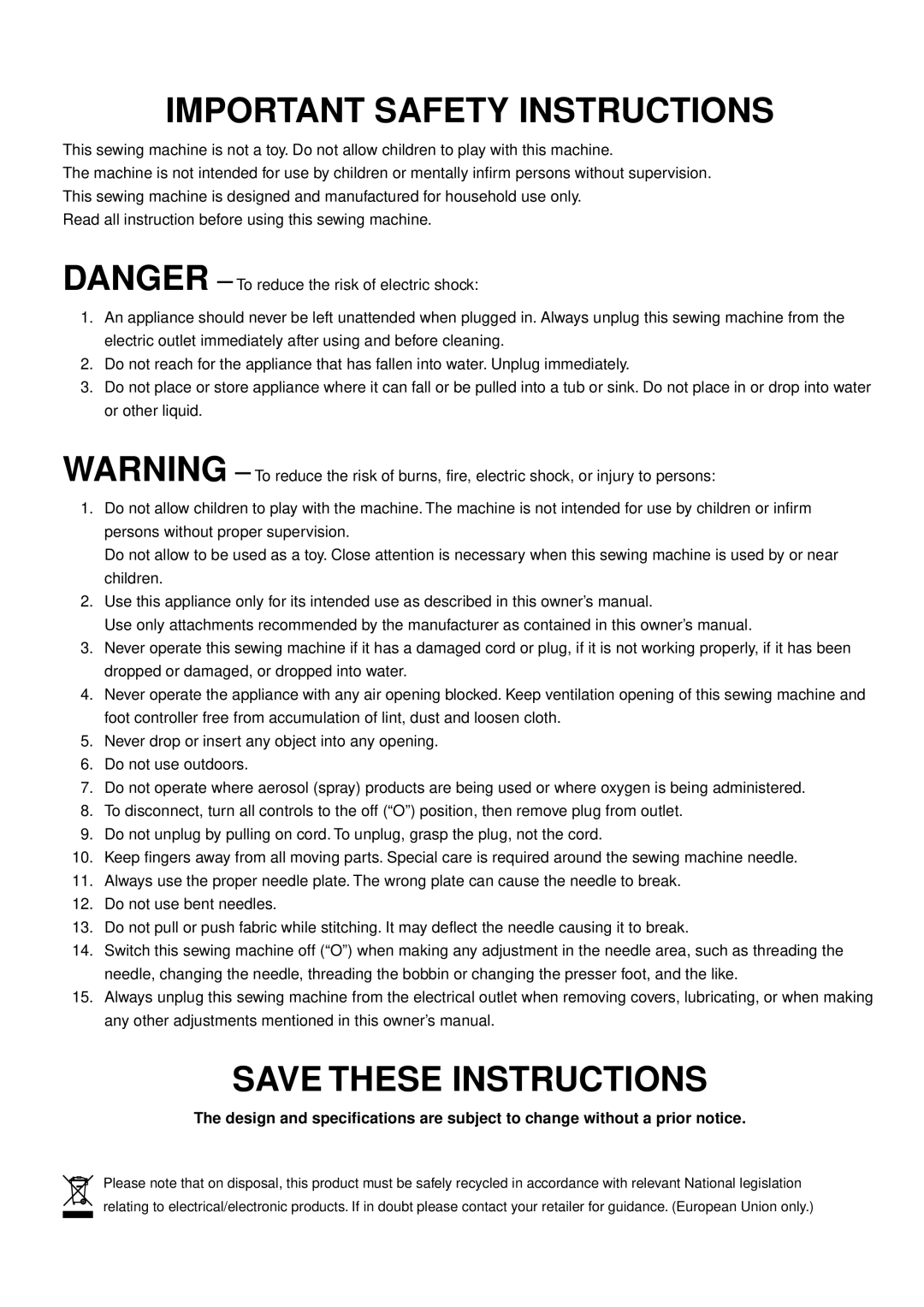 Janome MC 200E manual Important Safety Instructions 