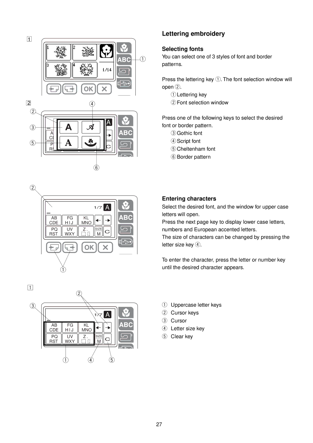 Janome MC 200E manual Lettering embroidery, Selecting fonts, Entering characters 