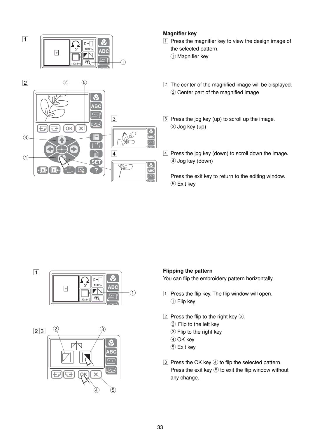 Janome MC 200E manual Magnifier key, Flipping the pattern 