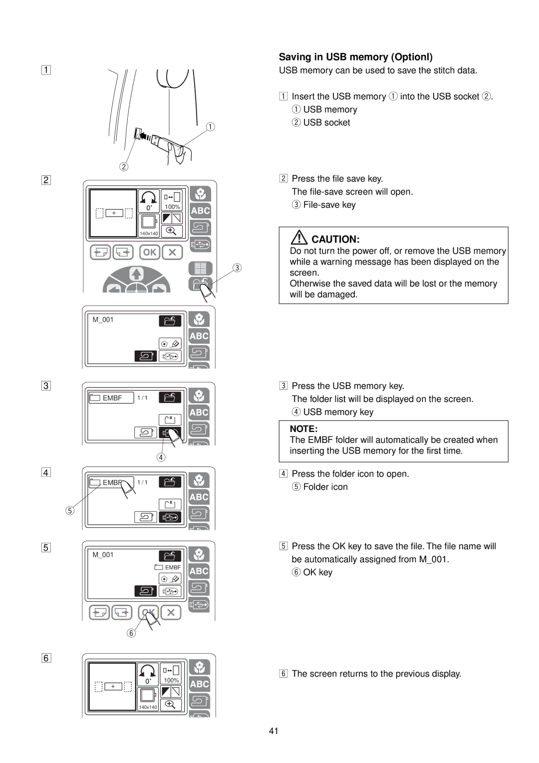 Janome MC 200E manual Saving in USB memory Optionl 