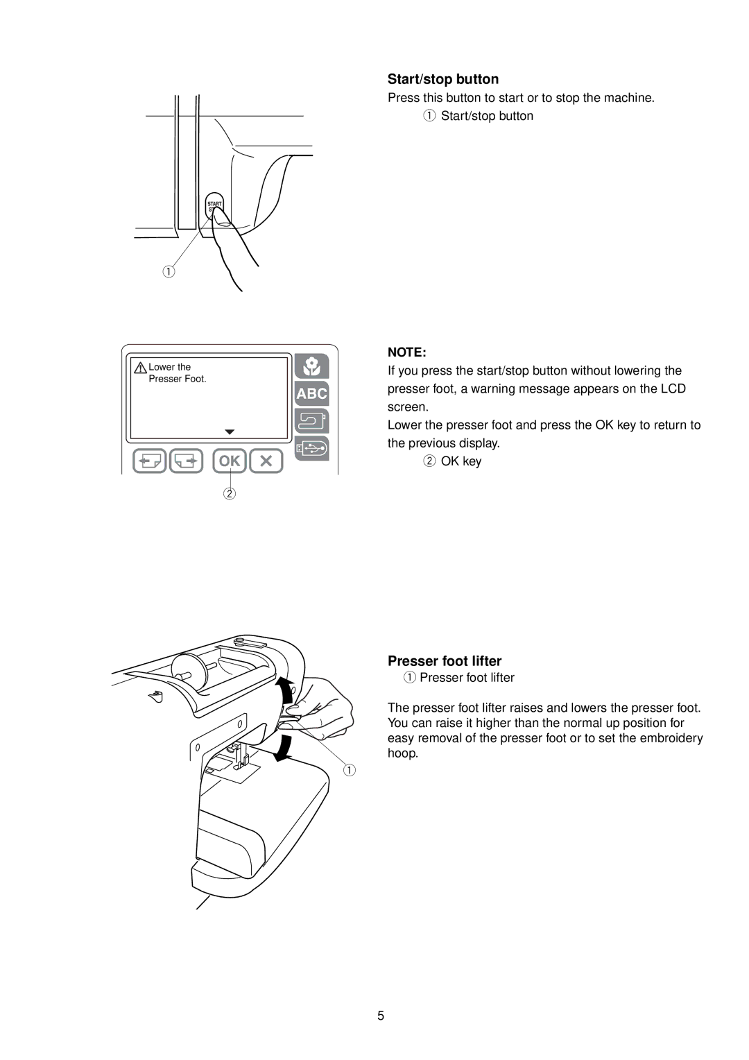 Janome MC 200E manual Start/stop button, Presser foot lifter 