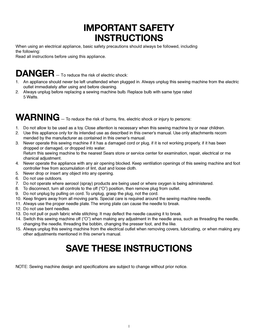 Janome MS-5027 instruction manual Important Safety Instructions 