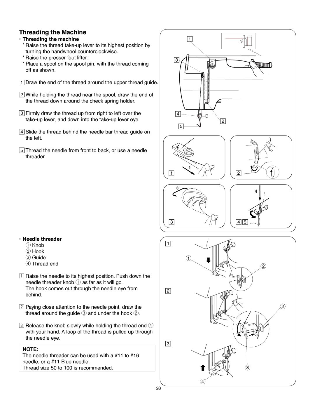 Janome MS-5027 instruction manual Threading the Machine, Threading the machine, Needle threader q Knob 